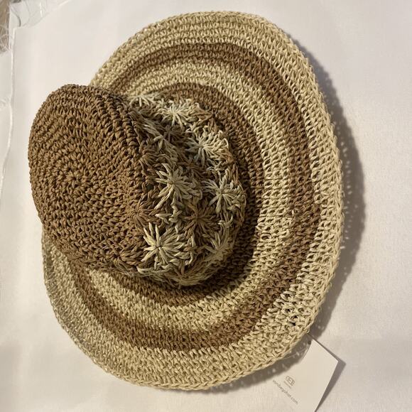 San Diego Hat Company Anthropologie Floral Striped Crocheted Bucket Hat Natural - Picture 8 of 8